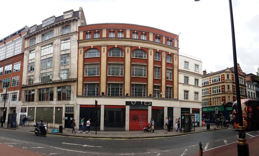 Panorama of the site from Charing Cross Road. The remains of the old Foyles sign can still be seen.