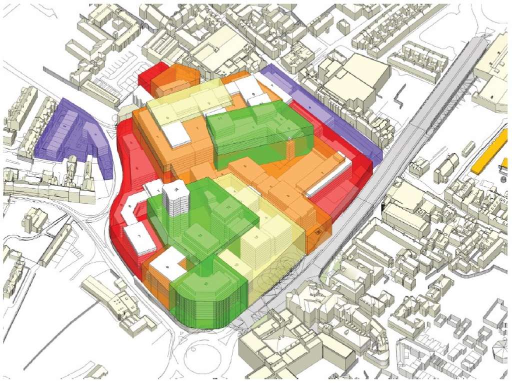 View from the south west showing the proposed massing of blocks at Anglia Square (Planning Docs)