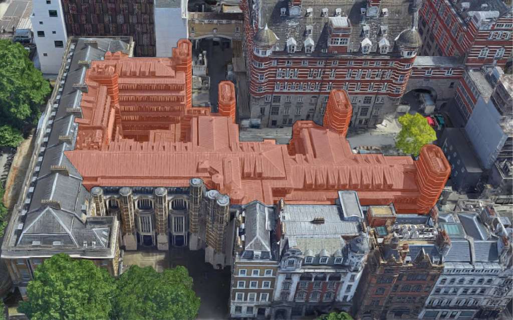 Aerial view showing (in red) the proposed demolition of almost all of Richmond House (Credit: SAVE)