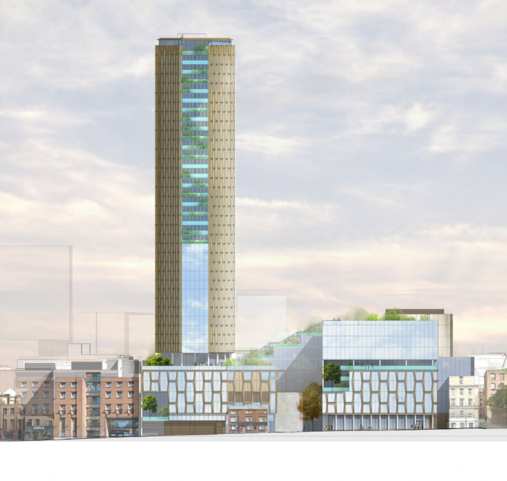 A planning application drawing showing the height of the proposed tower in context