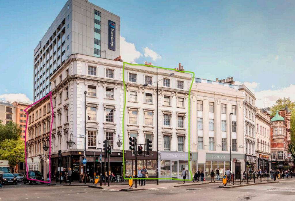 10-12 Museum Street is outlined in pink and 35-37 New Oxford St in green (Planning Documents)
