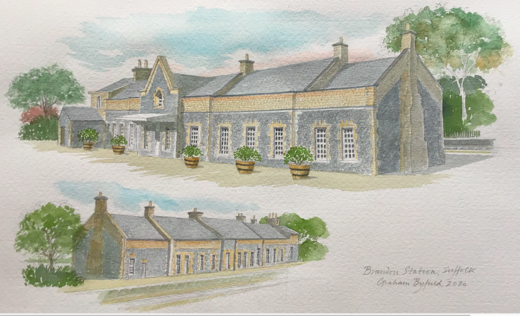 Watercolour of a restored Brandon Station by artist Graham Byfield