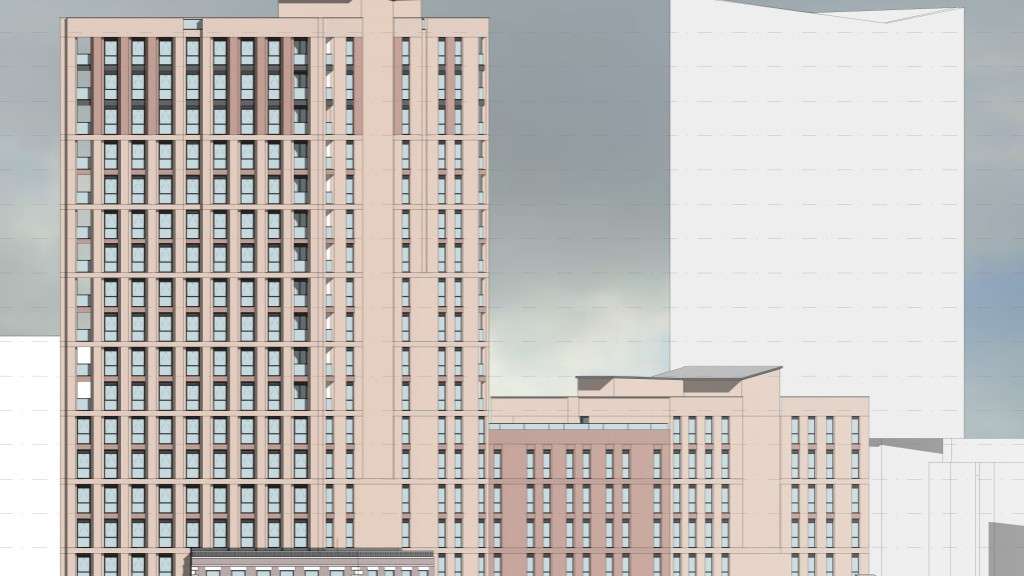 Elevation drawing from Dantzic St showing the scale of proposed tower behind facaded skin of Rosenfi