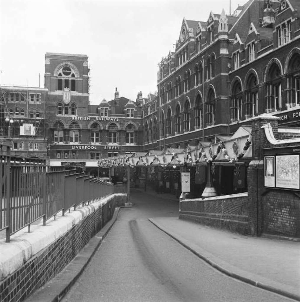 The Liverpool Street station entrance and Gothic Revival office range just before demolition for the