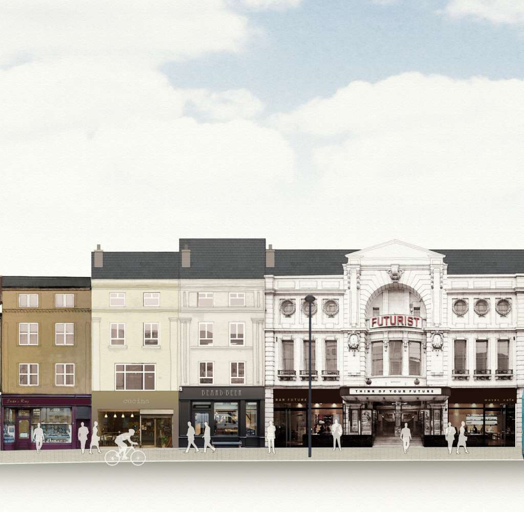 SAVE's vision for Lime Street, showing buildings and the Futurist facade restored