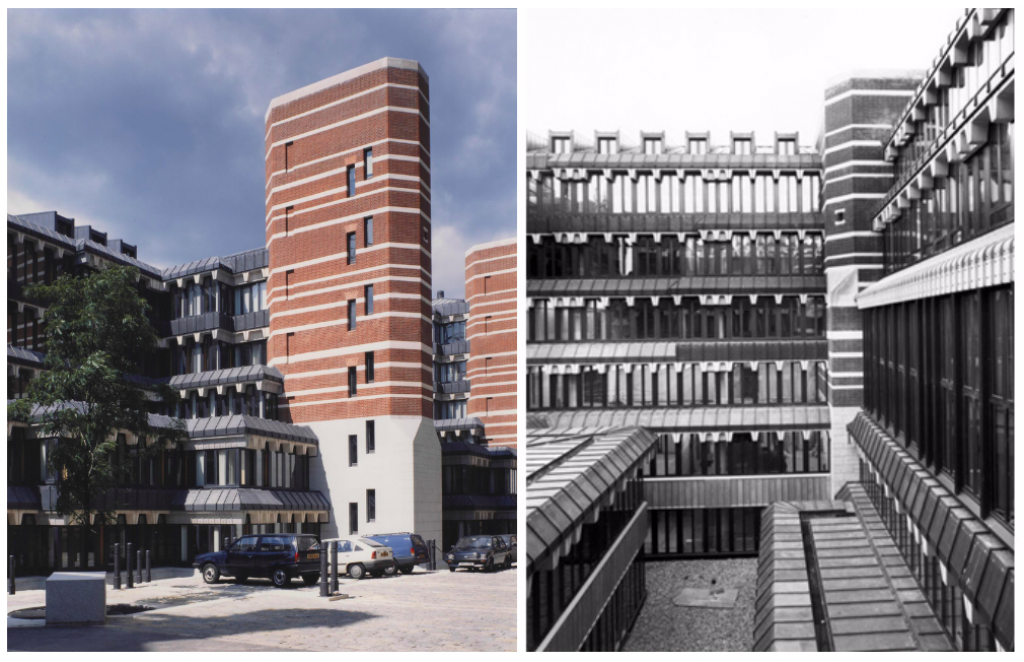 The rear facades of Richmond House, with tiers of naturally lit offices and striped towers (RIBA and