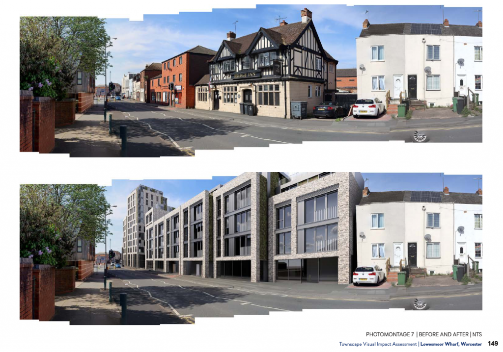 Photomontage showing the current (top) vs proposed (below) view down Lowesmoor Terrace