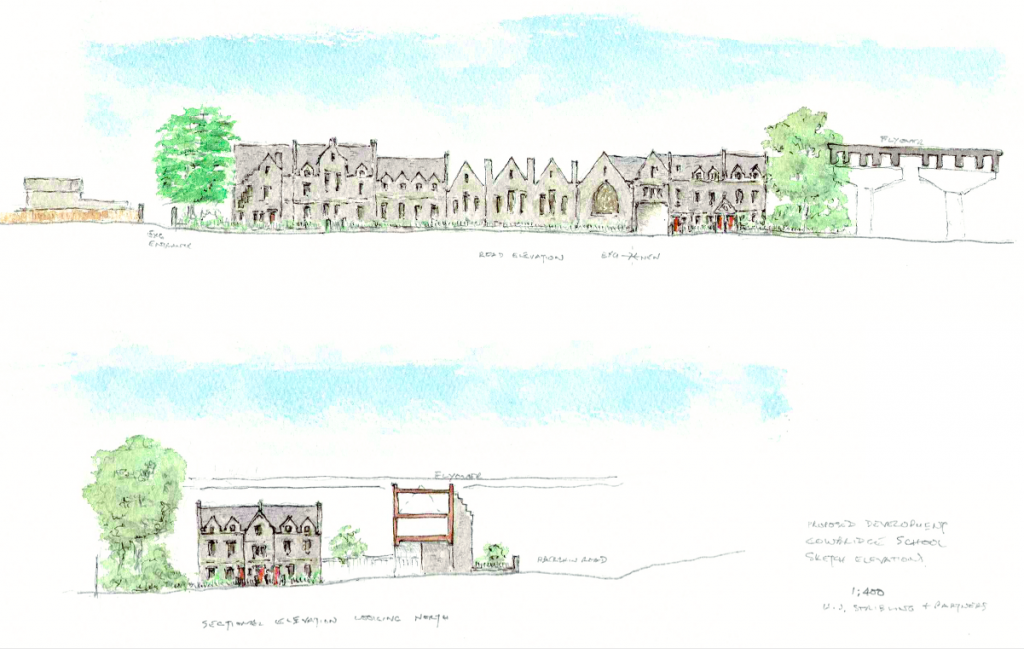 Site elevation sketch by Philip Tilbury showing the school buildings retained 