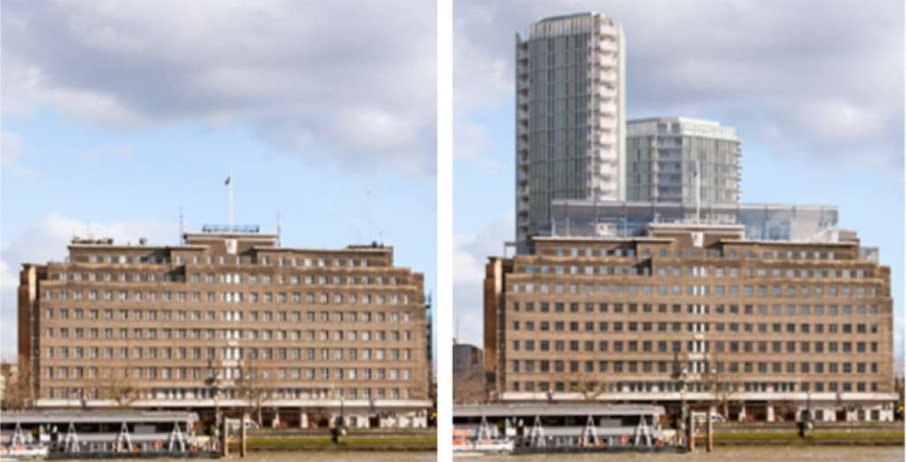 View of the Albert Embankment before and after the proposed towers (Lambeth Village)