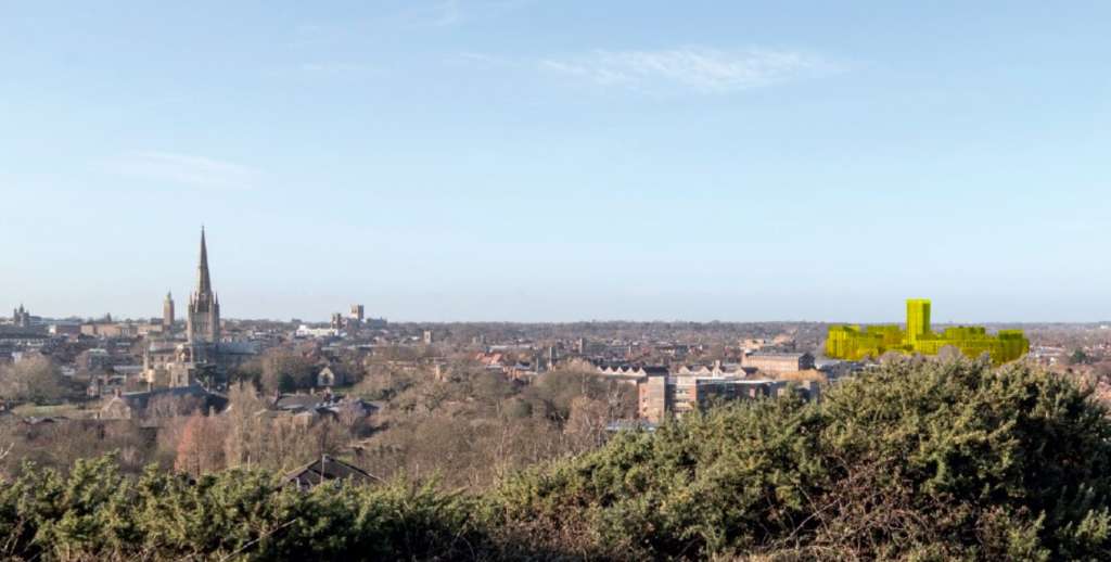 View of the Norwich Skyline from Motram Monument with the proposed development in yellow