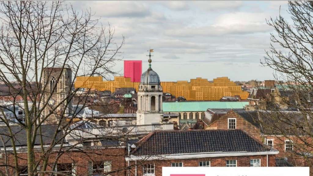 Image showing the impact on Norwich's historic skyline of the proposed 20-storey tower and 12-storey