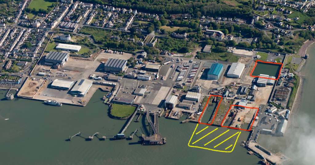 Aerial image showing in red the graving dock, slips and timber pond set to be infilled