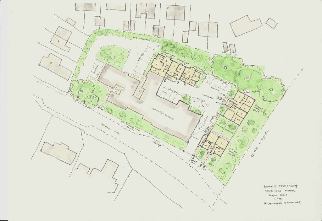 Sketch by Philip Tilbury of the proposed site plan around the existing school buildings 