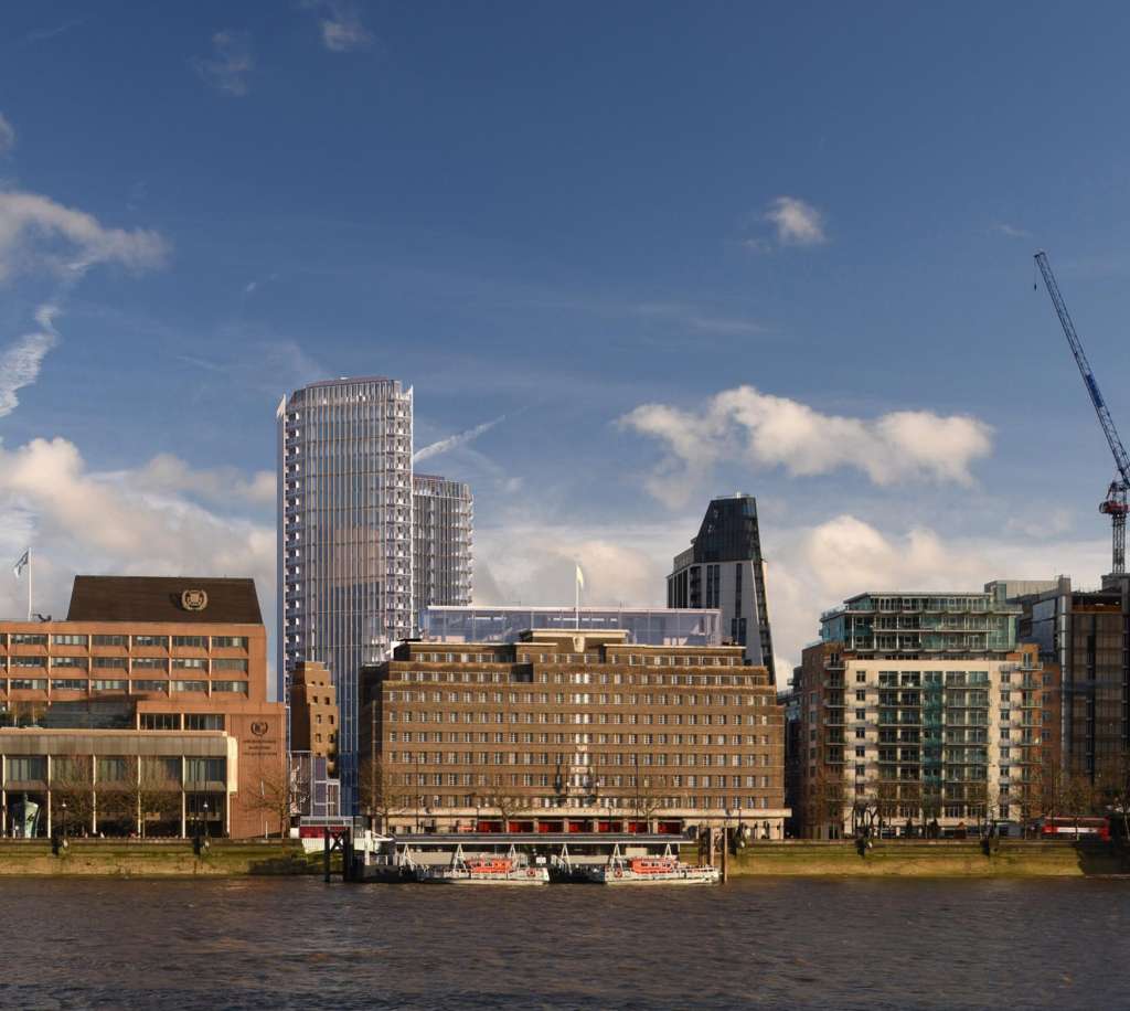 View across the Thames of the proposed towers behind the former LFB Building