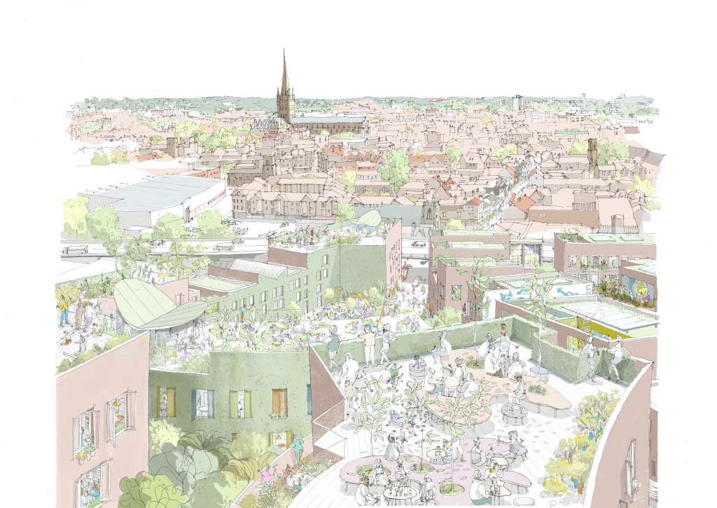 Sketch view towards Norwich Cathedral across the rooftops in SAVE's vision [Ash Sakula Architects]