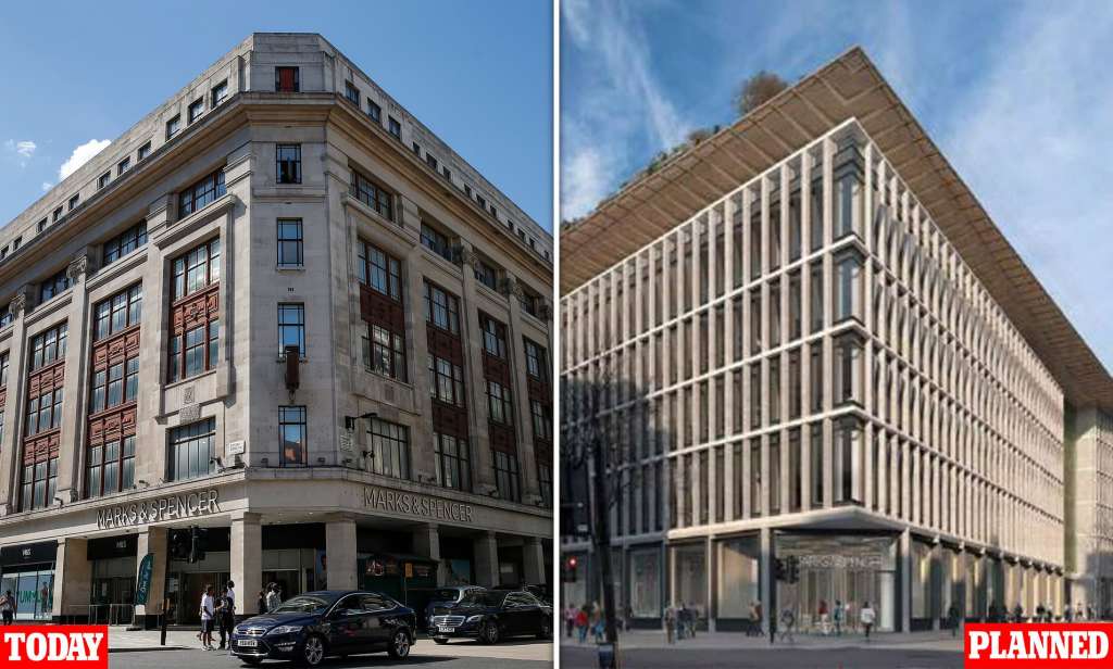 The M&S store today and as planned under proposals by Pilbrow + Partners (Credit: Mail Online)