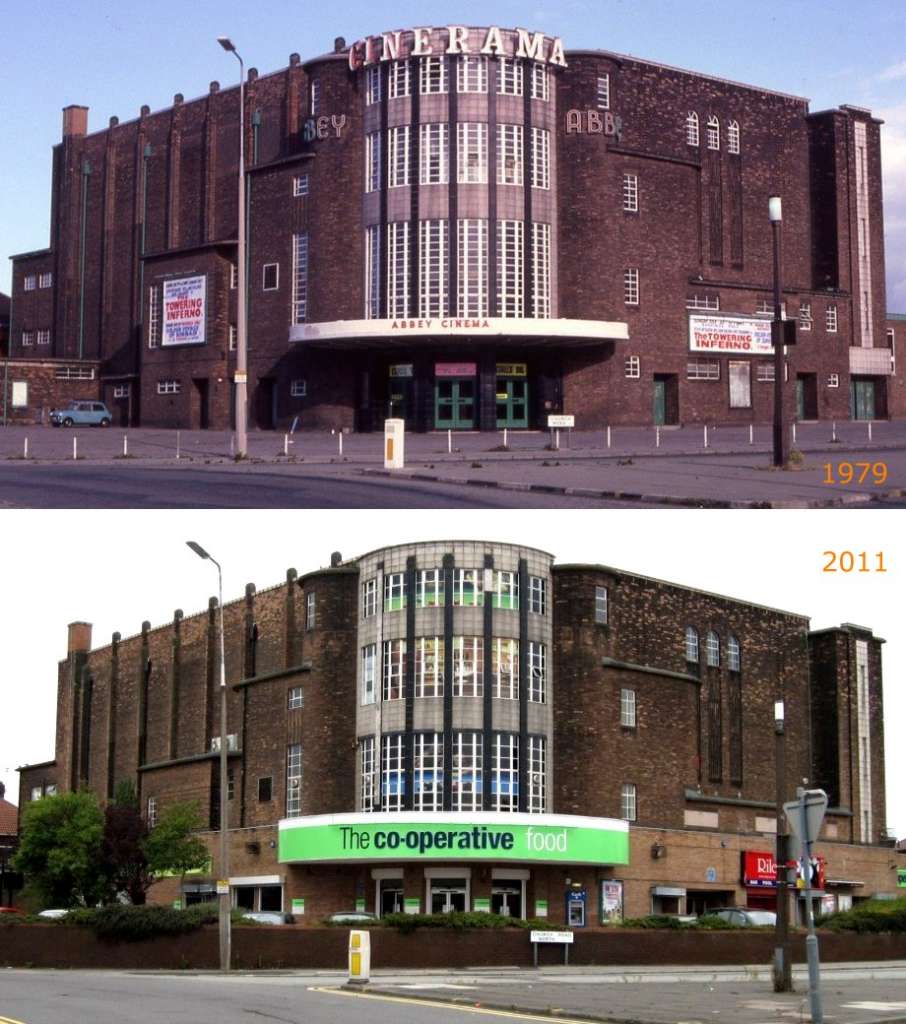 The Abbey in 1979 still open as a cinema, and in 2020 as a Co-op supermarket (Wavertree Soc)