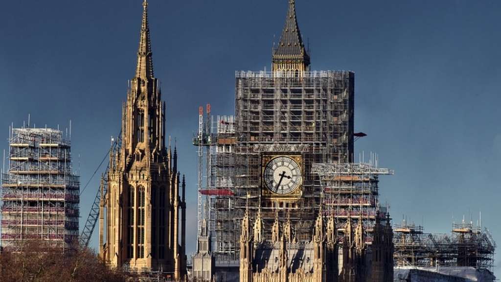 Extensive roof scaffolding over the Palace and the Elizabeth Tower in 2021 (Credit: BBC))