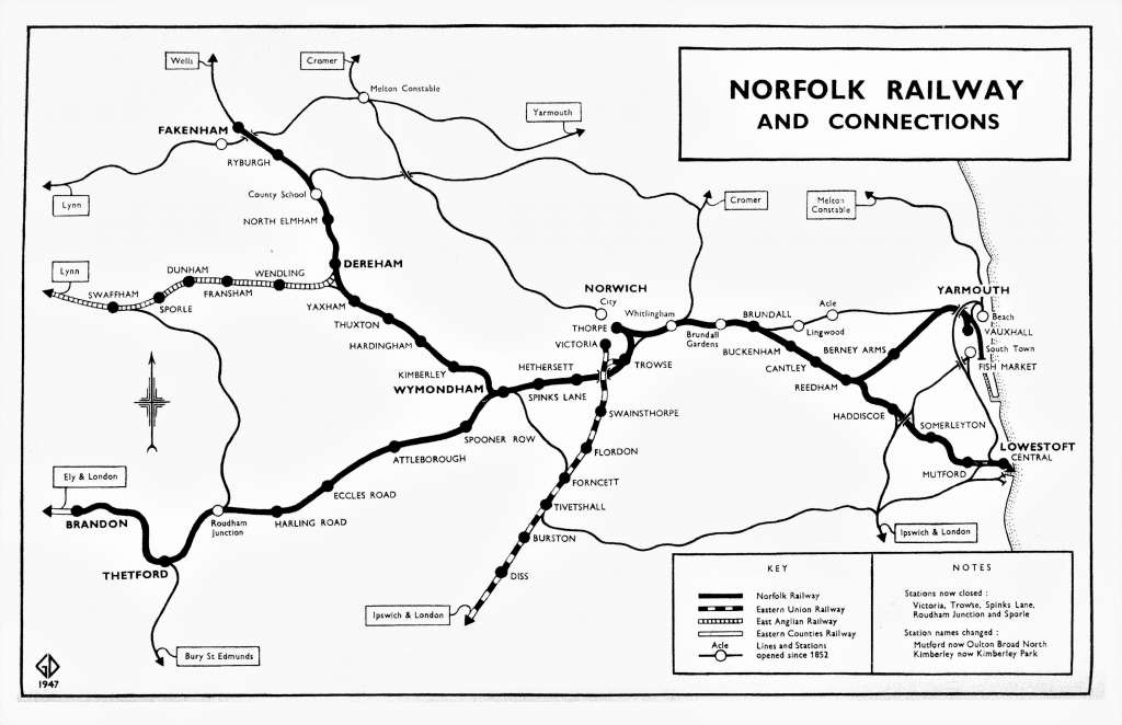 Map showing Brandon's key location on the rail line between Cambridge and Norwich