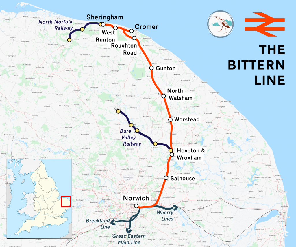 Map showing the Bittern Line on which Salhouse is the first station north of Norwich (Credit: Wikipe