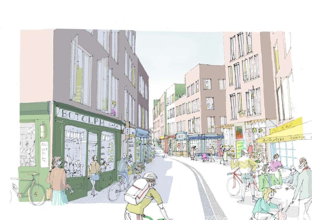 Sketch showing how the reinstated St Botolph's street might look in SAVE's alternative vision [Ash S
