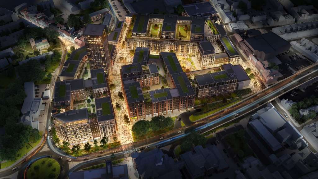 CGI showing the tower and dense massing of the proposed scheme (Image: Planning documents)