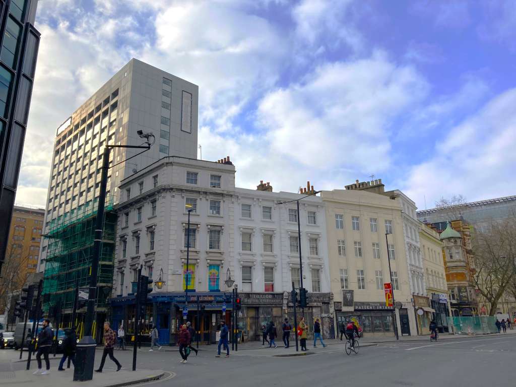 The newly listed buildings characterise the corner of Museum St and New Oxford St (SBH)