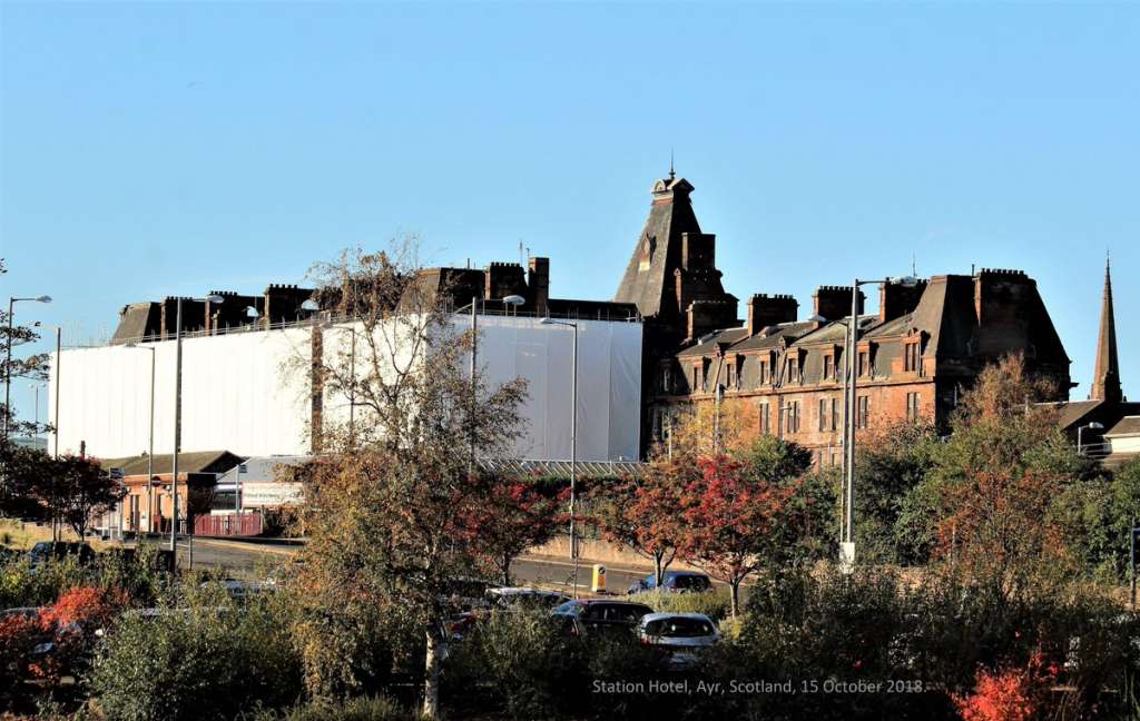 Ayr station hotel seen from afar in 2019, wrapped in plastic coverings (G Norris)
