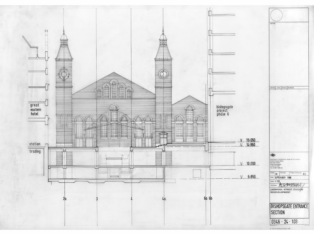 Elevation drawing of the station's 1980s Bishopsgate entrance (Credit: Bishopsgate Institute)							