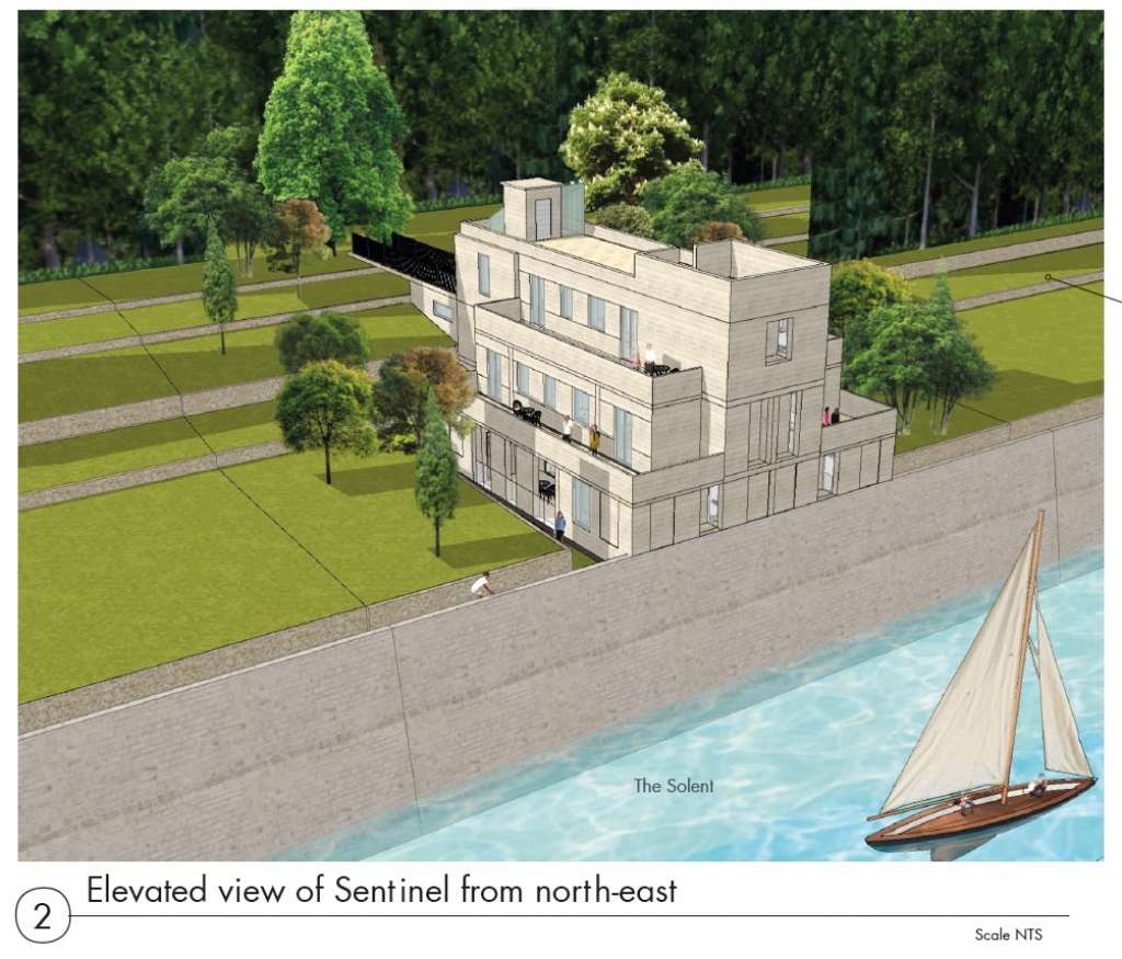 One of 4 proposed ‘sentinel’ blocks of flats on the shoreline (Via planning documents)