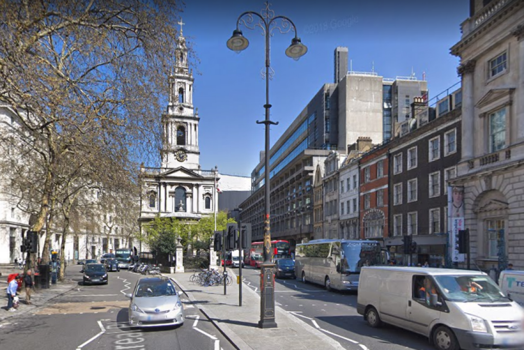 BEFORE: St Mary-le-Strand was throttled by traffic for decades [Credit: Streetview, 2018]