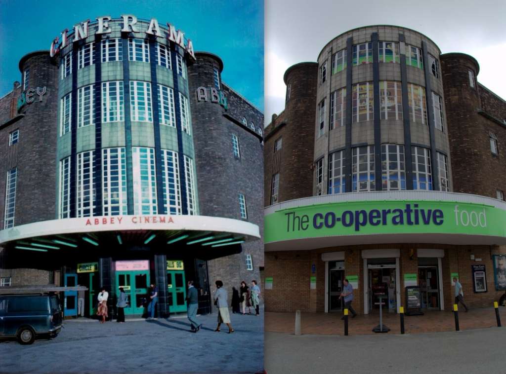 The Abbey in 1979, and in 2020 as a Co-op supermarket (Liverpool ThenandNow))