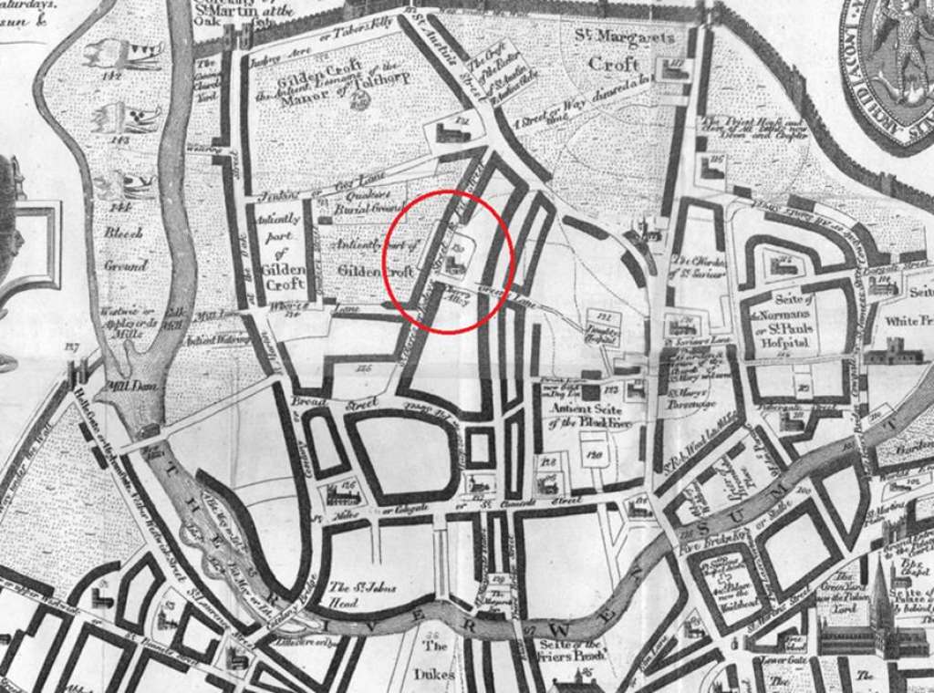 Francis Blomefield's 1741 Map of Norwich shows St Olave's Church (circled in red) [Courtesy of Dr Ni