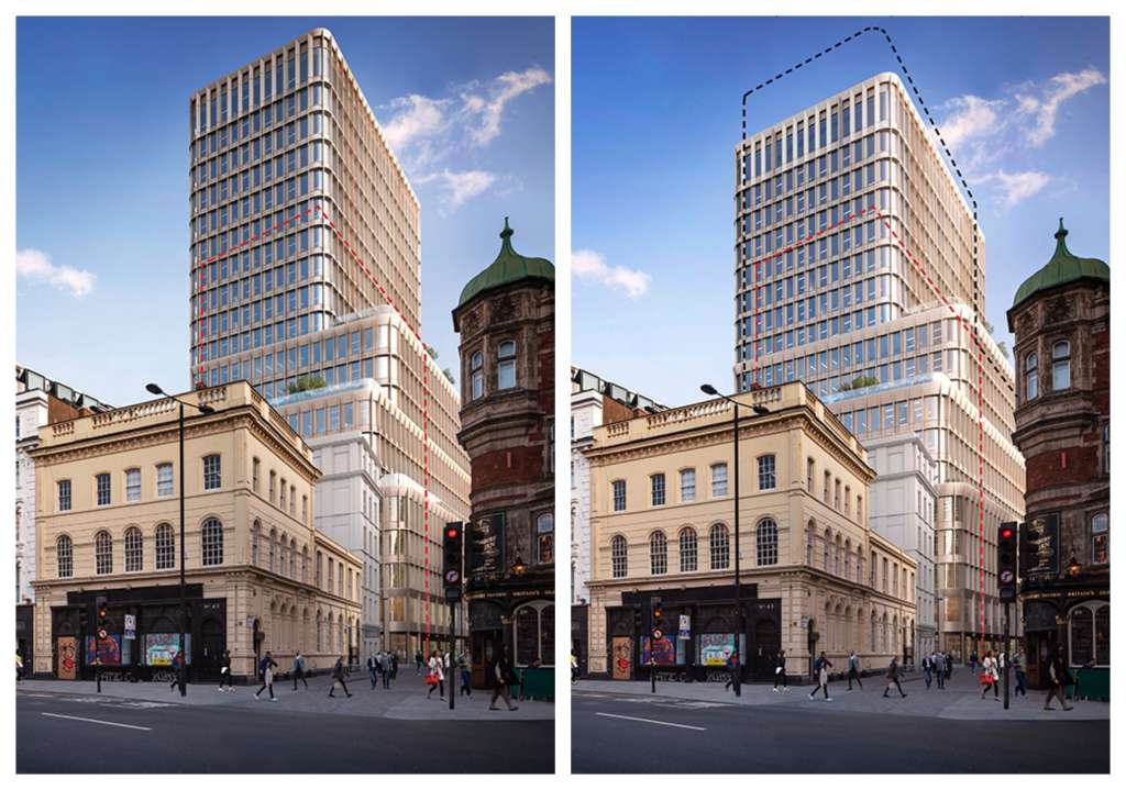 Views of the original & amended tower plans, the red line showing the existing building outline