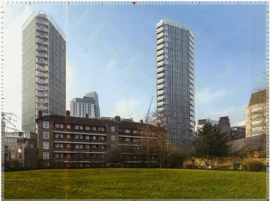CGI view of the two 20+ storey towers from Old Paradise Gardens (Planning Documents)
