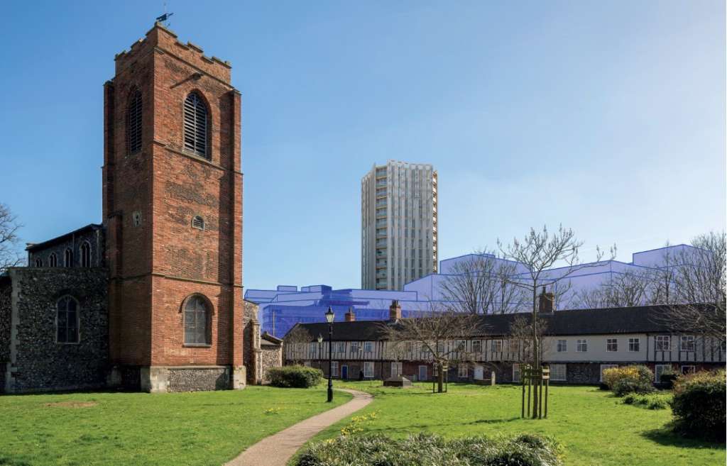 View from St Augustine's churchyard of the proposed tower and adjoining blocks (Planning Documents)
