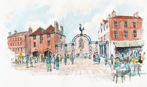 Imagined view West towards retained buildings and the High Road. Drawn by Huw Thomas